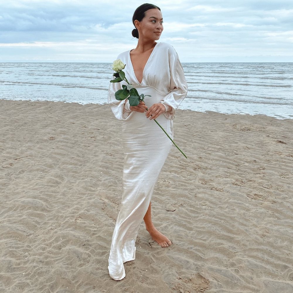 Cream Long Satin Dress - Pretty Lavish